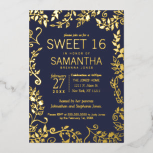 Elegant Navy Blue Real Gold Floral Sweet 16 Folieneinladung