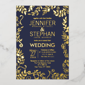 Elegant Navy Blue Real Gold Floral Wedding Folieneinladung
