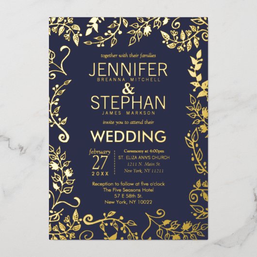 Elegant Navy Blue Real Gold Floral Wedding Folieneinladung (Vorderseite)