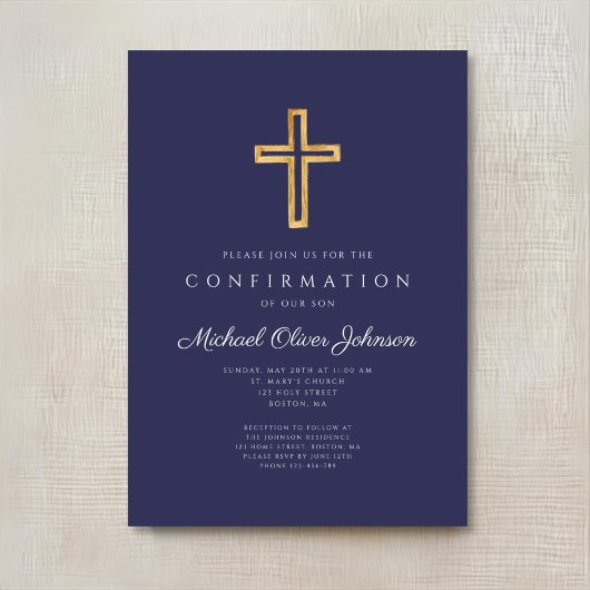 Elegant Navy Blue Religious Cross Boy Bestätigung Einladung