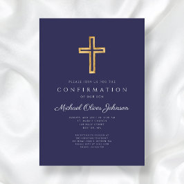 Elegant Navy Blue Religious Cross Boy Bestätigung Einladung
