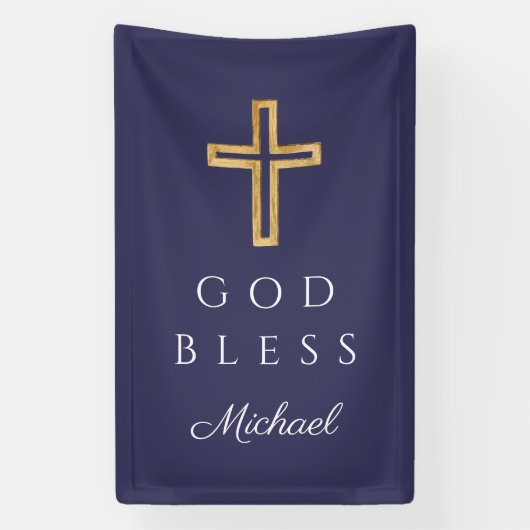 Elegant Navy Blue Religious Cross Boy Gott segne Banner (Vertikal)