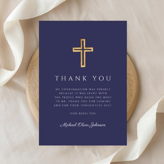 Elegant Navy Blue Religious Cross Confirmation Dankeskarte