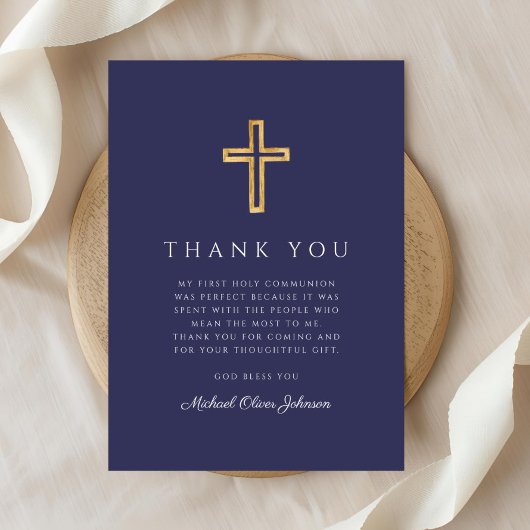 Elegant Navy Blue Religious Cross First Communion Dankeskarte