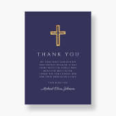 Elegant Navy Blue Religious Cross First Communion Dankeskarte