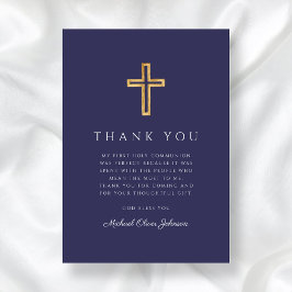 Elegant Navy Blue Religious Cross First Communion Dankeskarte