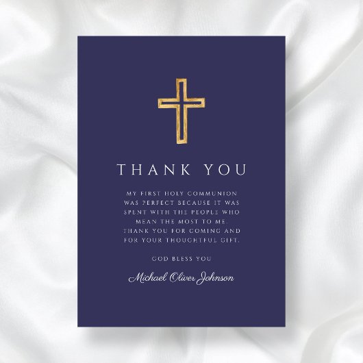 Elegant Navy Blue Religious Cross First Communion Dankeskarte