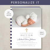 Elegant Navy Blue Religious Cross Foto Taufe Einladung