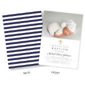 Elegant Navy Blue Religious Cross Foto Taufe Einladung