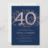 Elegant Navy Blue Rose Gold 40. Geburtstag Einladung (Vorderseite)