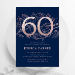 Elegant Navy Blue Rose Gold 60. Geburtstag Einladung<br><div class="desc">Elegante marineblaue Rose Gold 60. Geburtstag Einladung. Individuell anpassbares modernes feminines Design mit Rose botanischen Akzenten und Imitaten Glitzer Rose Gold. Einfache florale Einladungskarte perfekt für eine stilvolle Damenfeier. Personalisieren Sie Ihre persönlichen Daten. Gedruckte Zazzle Einladungen oder Sofortdownload digitalen druckbaren Vorlage.</div>