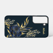 Elegant Navy Blue Rose Gold Blätter Monogram Samsung Galaxy Hülle (Rückseite (Horizontal))