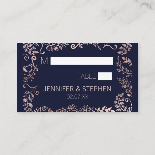 Elegant Navy Blue Rose Gold Floral Platzkarte (Vorderseite)