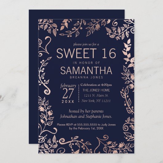 Elegant Navy Blue Rose Gold Floral Sweet 16 Einlad Einladung (Vorne/Hinten)