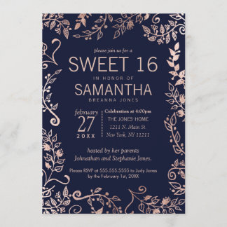 Elegant Navy Blue Rose Gold Floral Sweet 16 Einlad Einladung