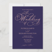 Elegant Navy Blue Rose Gold Foil Script Hochzeit Einladung (Vorderseite)