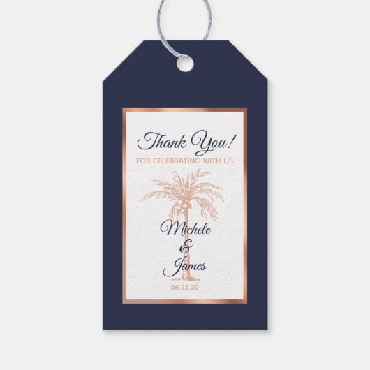 Elegant Navy Blue Rose Gold Palm Tree Hochzeit Geschenkanhänger (Vorderseite)