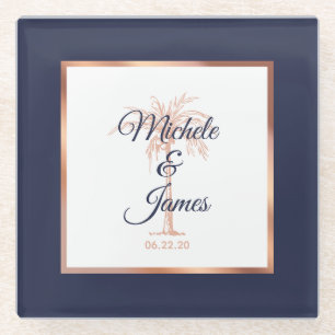 Elegant Navy Blue Rose Gold Palm Tree Hochzeit Glasuntersetzer