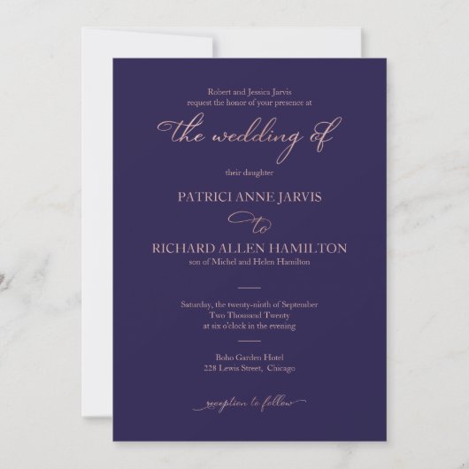 Elegant Navy Blue Rose Gold Script Classic Wedding Einladung (Vorderseite)
