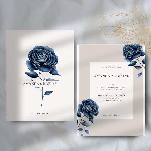 Elegant Navy Blue Rose Wedding Einladung