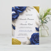 Elegant Navy Blue Roses & Gold Glitter Wedding Einladung (Stehend Vorderseite)