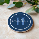 Elegant Navy Blue Round Custom Monogram Initial Getränkeuntersetzer<br><div class="desc">Das elegante,  runde,  personalisierte Getränke-Untersetzer-Design zeichnet sich durch ein klassisches Serif-Monogramm aus,  das in staubblau mit Ihrem Nachnamen / Nachnamen in modernem,  weißem Kalligrafieschrift vor marinebasischem Hintergrund initiiert wurde. Ein einfacher weißer Kreis umrahmt das Design. Das Farbschema kann so angepasst werden,  dass es sich perfekt mit Ihrer Wohngestaltung abstimmt.</div>