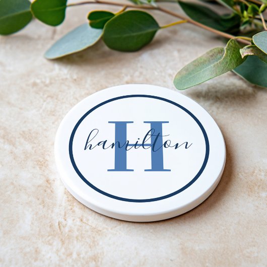 Elegant Navy Blue Round Custom Monogram Initial Getränkeuntersetzer