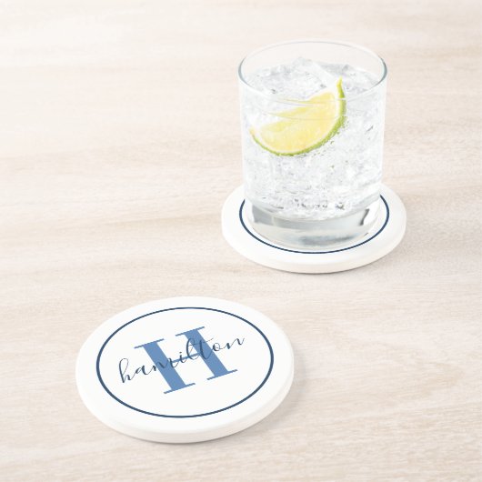 Elegant Navy Blue Round Custom Monogram Initial Getränkeuntersetzer (Seite)