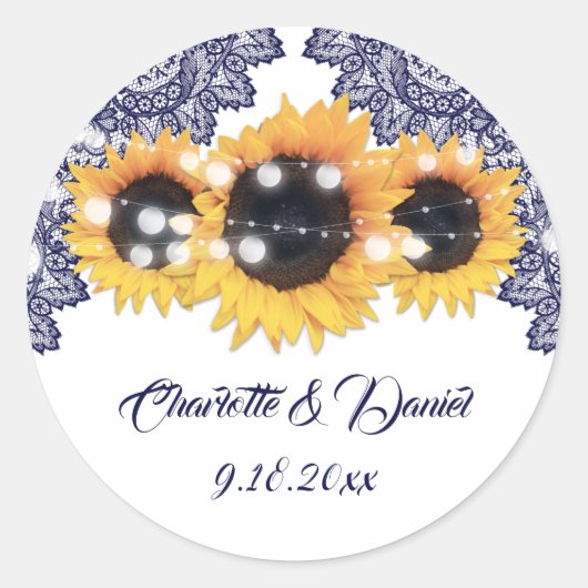 Elegant Navy Blue Rustic Sunflower Wedding Runder Aufkleber (Vorderseite)