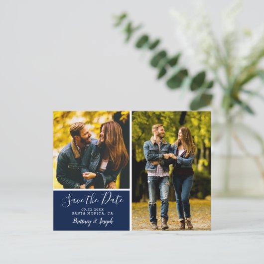 Elegant Navy Blue Save the Date FotoCollage | Postkarte (Stehend Vorderseite)