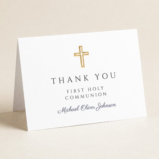 Elegant Navy Blue Script Boy First Communion  Dankeskarte