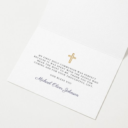 Elegant Navy Blue Script Boy First Communion  Dankeskarte