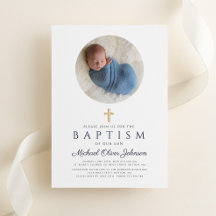 Elegant Navy Blue Script Boy Foto Taufe
