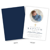 Elegant Navy Blue Script Boy Foto Taufe Einladung