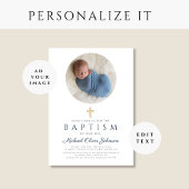 Elegant Navy Blue Script Boy Foto Taufe Einladung