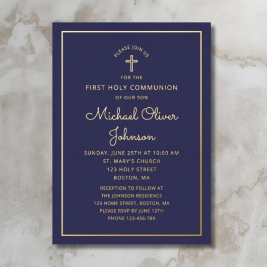 Elegant Navy Blue Script First Communion Gold Folieneinladung