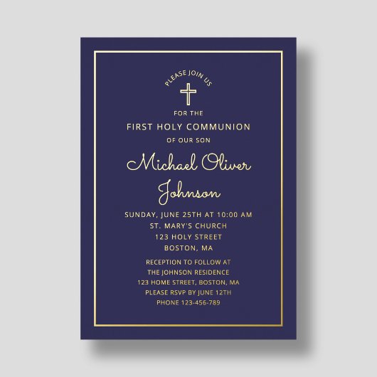 Elegant Navy Blue Script First Communion Gold Folieneinladung