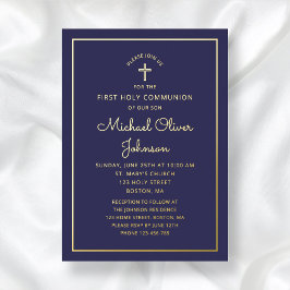 Elegant Navy Blue Script First Communion Gold Folieneinladung
