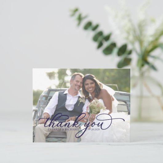 Elegant Navy Blue Script Foto Danke Postcard Postkarte (Stehend Vorderseite)