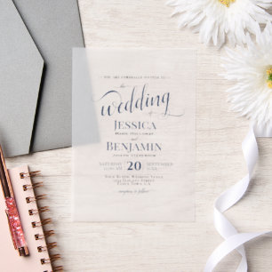 Elegant Navy Blue Script große Namen Hochzeit Pergament Einladungen