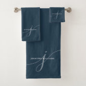 Elegant Navy Blue Script Monogram Typografy Badhandtuch Set (Insitu)