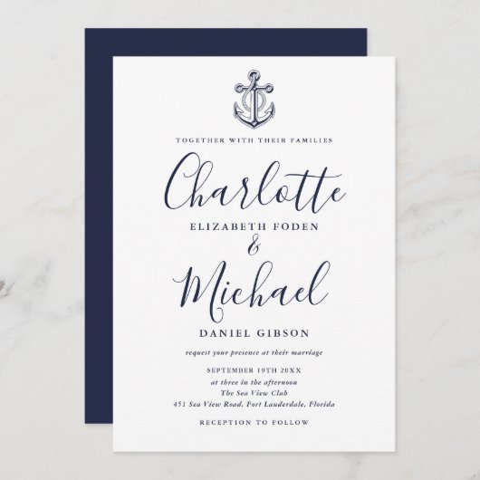 Elegant Navy Blue Script Nautical Anchor Hochzeit Einladung (Vorne/Hinten)