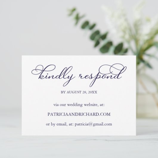 Elegant Navy Blue Script Online Wedding RSVP Card (Stehend Vorderseite)