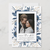 Elegant Navy Blue Script Photo Floral Wedding Save The Date (Vorderseite)