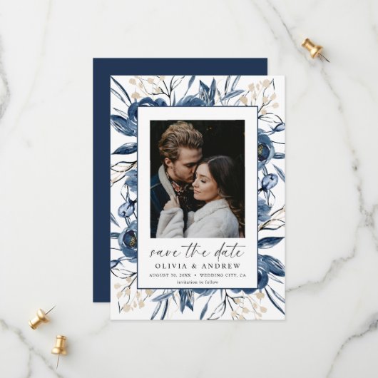 Elegant Navy Blue Script Photo Floral Wedding Save The Date (Vorderseite/Rückseite Beispiel)