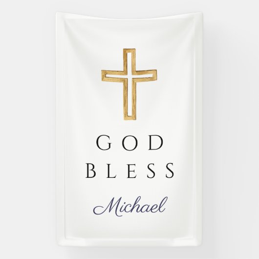 Elegant Navy Blue Script Religious Boy God Bless Banner (Vertikal)
