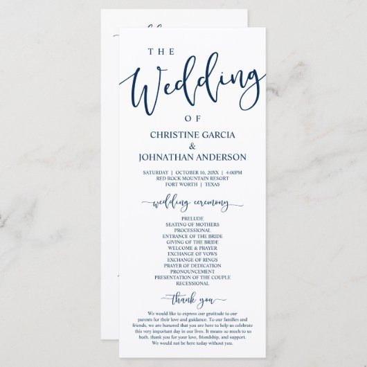 Elegant Navy Blue Script, Unsere Hochzeitsfeier Programm (Vorne/Hinten)