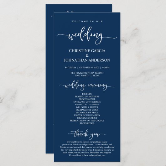 Elegant Navy Blue Script, Unsere Hochzeitsfeier Programm (Vorne/Hinten)