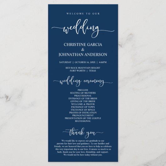 Elegant Navy Blue Script, Unsere Hochzeitsfeier Programm (Vorderseite)
