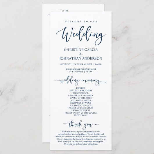 Elegant Navy Blue Script, Unsere Hochzeitsfeier Programm (Vorne/Hinten)
